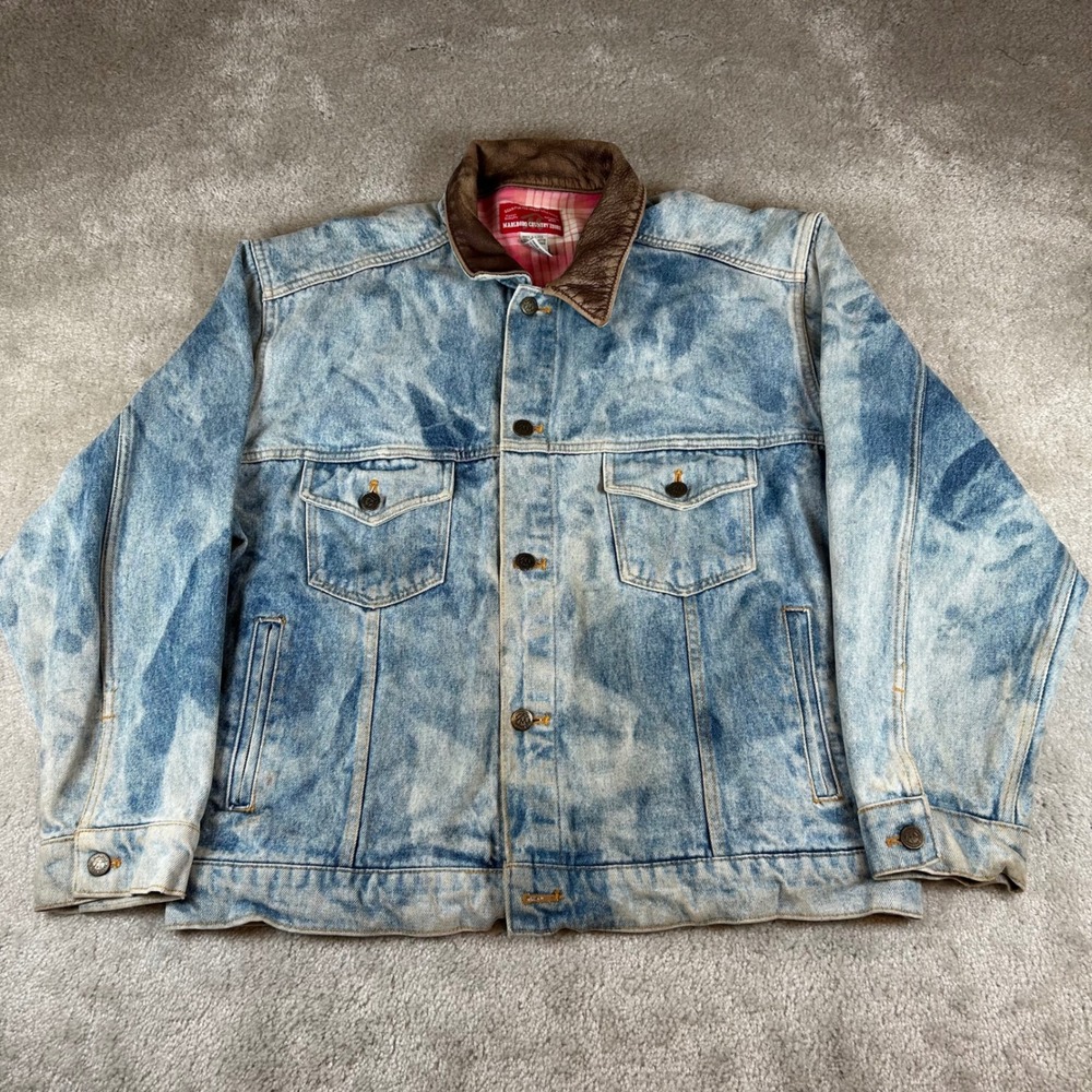 Marlboro Country Store Denim Jacket Mens L Blue Acid Wash Leather Flannel Lined